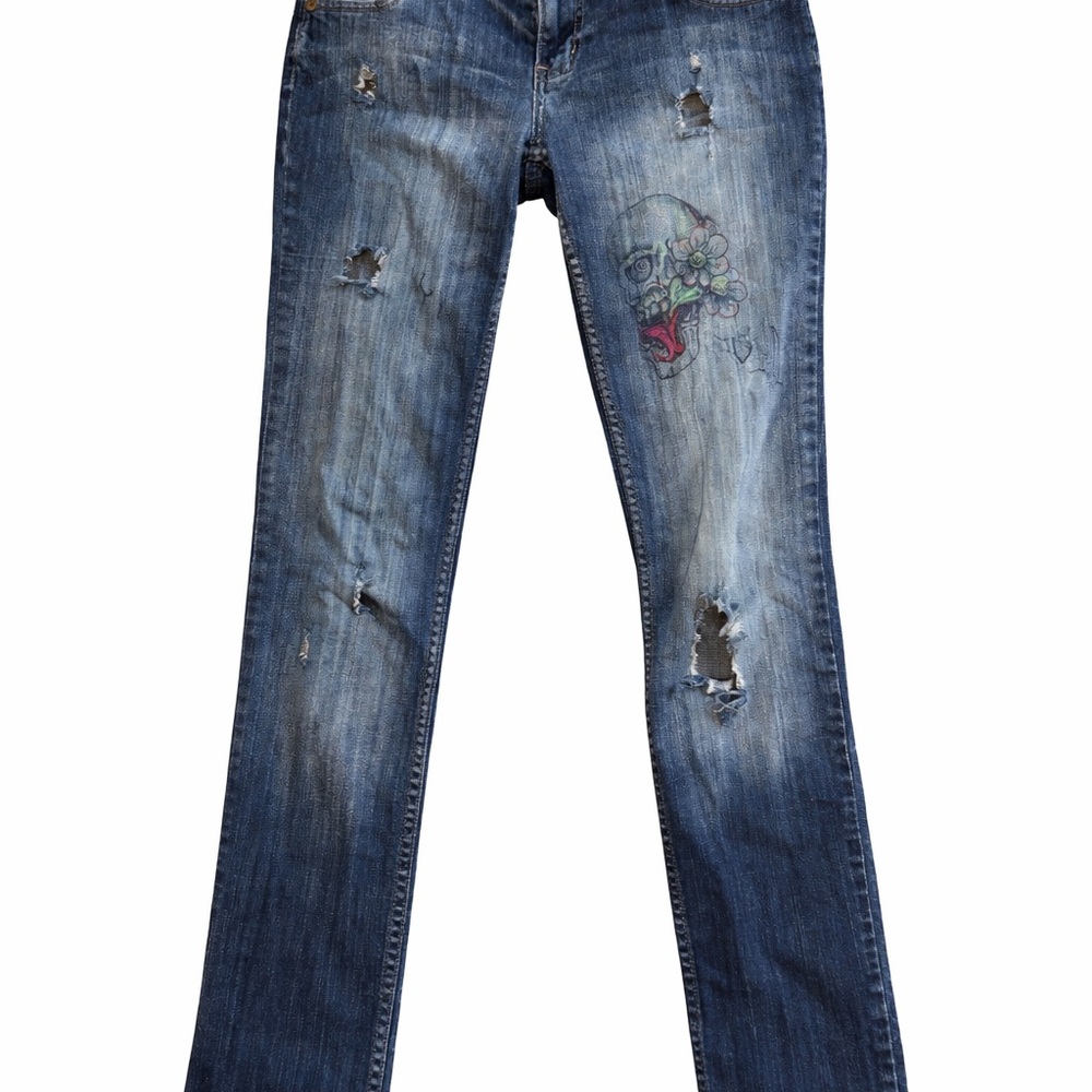 Y2K Arizona low rise distressed skull graphic print jeans size 5 long